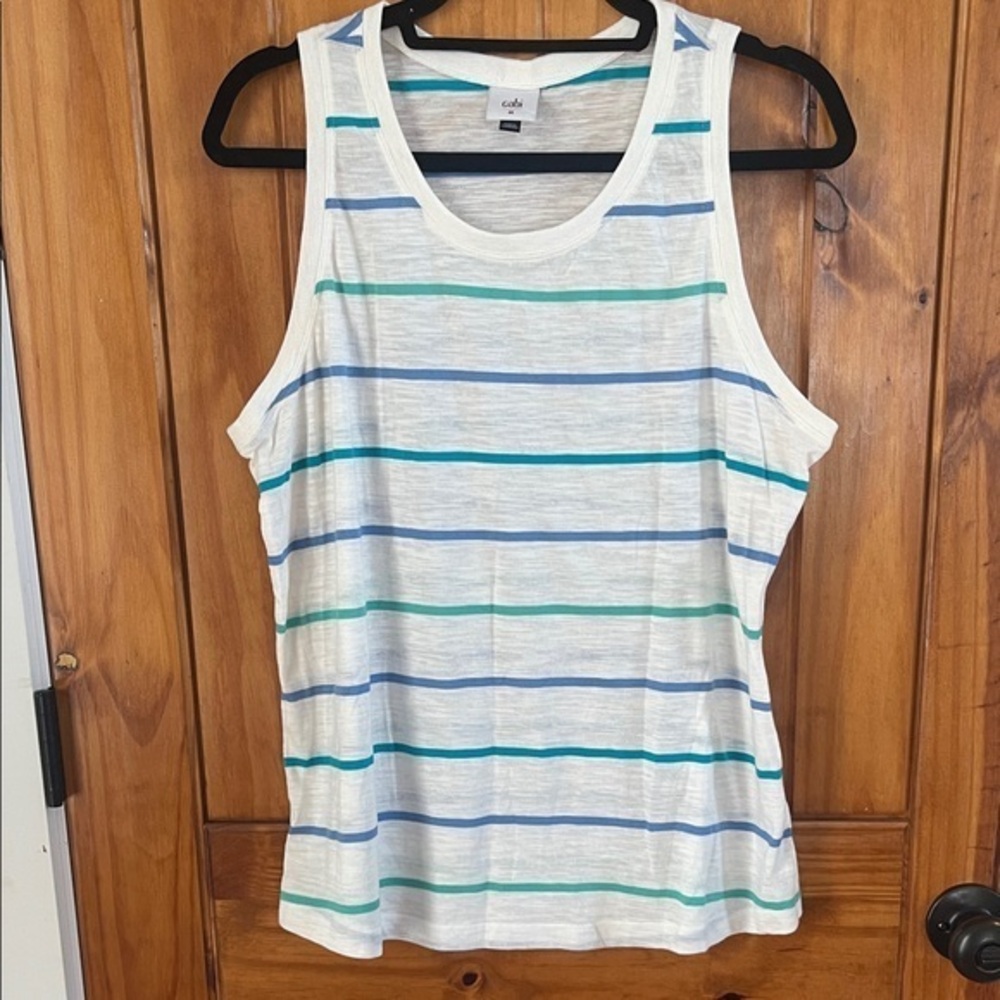 Cabi Queue Tank Top Striped Medium White Blue green Racerback
